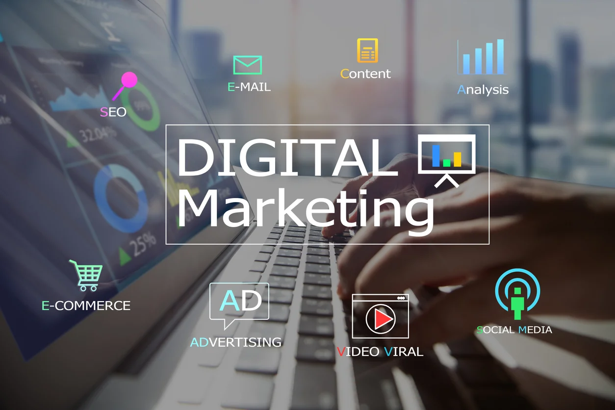 Digital Marketing Agency in Hyderabad icons including content, analysis, service, target, research, and viral media